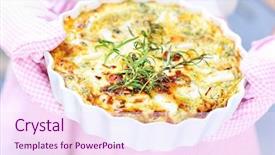  Presentation with spinach - Presentation design having picture of a spinach quiche hold in oven gloves over pink apron background and a pink colored foreground
