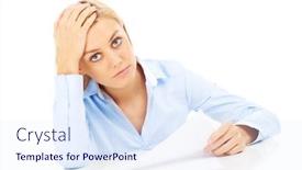  Presentation with paperwork - Amazing presentation theme having picture of a tired businesswoman with paperwork over white background backdrop and a sky blue colored foreground