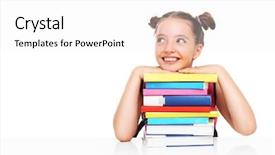  Presentation with stack books - Audience pleasing presentation theme consisting of picture of a young girls posing with a stack of books over white background backdrop and a white colored foreground