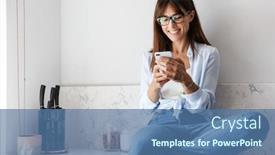  Presentation with mobile home - Beautiful slides featuring picture of a young positive smiling happy pretty business woman sitting indoors at home at the kitchen using mobile phone chatting backdrop and a ocean colored foreground