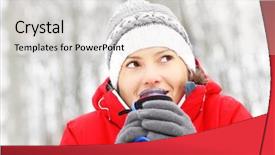  Presentation with winter forest - Cool new PPT layouts with picture of a young woman drinking hot drink in a winter forest backdrop and a light gray colored foreground