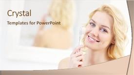  Presentation with cleansing - PPT theme with picture of a young woman using face cleansing brush in the bathroom background and a lemonade colored foreground