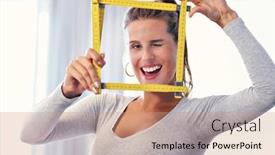  Presentation with home - Slides consisting of picture of adult woman doing home improvements background and a coral colored foreground