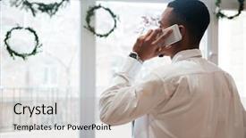  Presentation with coworking - Audience pleasing PPT layouts consisting of picture of african businessman sitting talking by phone coworking backdrop and a light gray colored foreground