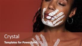  Presentation with hand print - Presentation consisting of picture of amazing african young woman isolated over red wall background with hand print on face and clavicles background and a tawny brown colored foreground