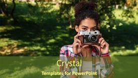  Presentation with amazing - Cool new PPT theme with picture of amazing young african woman photographer sitting outdoors in park holding camera backdrop and a tawny brown colored foreground