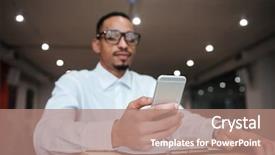  Presentation with coworking - Cool new presentation theme with picture of attractive african businessman wearing glasses sitting at the table chatting by phone coworking backdrop and a coral colored foreground