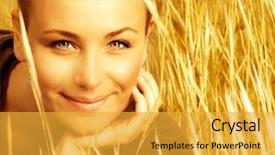  Presentation with golden yellow - Beautiful presentation theme featuring picture of attractive smiling girl sitting in golden wheat field closeup portrait of beautiful young blond female on yellow ryes background enjoying countryside autumn season of grain harvest backdrop and a gold colored foreground