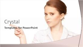  Presentation with finger - Theme with picture of attractive young businesswoman pointing her finger background and a sky blue colored foreground