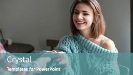  Presentation with order - Presentation with picture of attractive young woman dressed in sweater sitting in cafe at cold winter day and pays for her order with debit card look aside background and a teal colored foreground