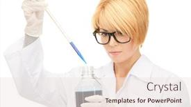  Presentation with lab test - Theme consisting of picture of beautiful lab worker holding up test tube background and a sky blue colored foreground