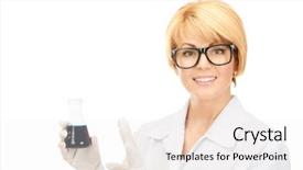  Presentation with lab test - Presentation theme having picture of beautiful lab worker holding up test tube background and a sky blue colored foreground