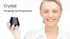  Presentation with lab test - PPT theme having picture of beautiful lab worker holding up test tube background and a white colored foreground
