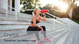  Presentation with water sports - Slide deck enhanced with picture of beautiful strong young sports woman sitting on steps drinking water outdoors looking aside background and a light gray colored foreground