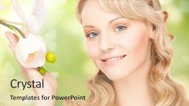  Presentation with butterflies - Presentation theme having smiling brunette woman with coffee mug looking at camera touching her face wearing a green tank top and her long hair tied back isolated background and a coral colored foreground