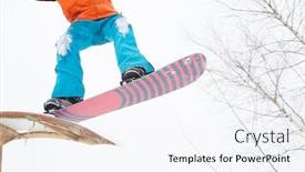  Presentation with snowboard - Audience pleasing slide set consisting of picture of bottom of sportive man skiing on snowboard with springboard backdrop and a sky blue colored foreground