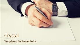  Presentation with descriptive writing - PPT theme enhanced with exam pictures - picture of businessman writing something background and a cream colored foreground