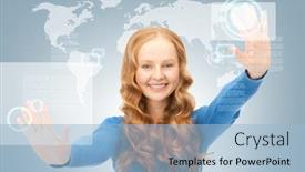  Presentation with touch screen - Beautiful presentation theme featuring picture-of-businesswoman-working backdrop and a light blue colored foreground