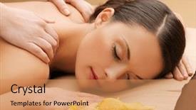  Presentation with salon - Slide deck with picture of calm beautiful woman in massage salon background and a coral colored foreground