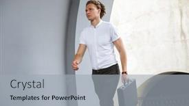  Presentation with calm - Beautiful PPT theme featuring picture of calm curly business man with briefcase looking away while walking on the street backdrop and a light gray colored foreground