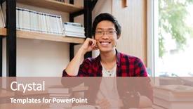  Presentation with cage - Colorful PPT theme enhanced with picture of cheerful asian man dressed in shirt in a cage and wearing glasses sitting with books at the library looking at camera backdrop and a coral colored foreground