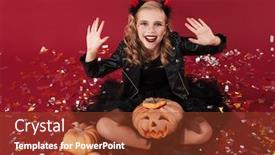  Presentation with devil - Slide deck enhanced with picture of cheerful pleased little girl devil in carnival halloween costume isolated over red wall background holding pumpkin background and a tawny brown colored foreground