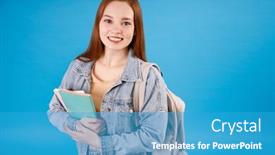  Presentation with college - Audience pleasing presentation design consisting of picture-of-cheerful-positive-caucasian backdrop and a teal colored foreground