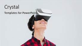  Presentation with cage - PPT theme enhanced with picture of cheerful young asian man dressed in casual shirt in a cage and wearing virtual reality device isolated over white background background and a light gray colored foreground