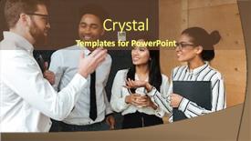  Presentation with coworking - Cool new presentation with picture of cheerful young business colleagues indoors coworking looking aside talking backdrop and a tawny brown colored foreground