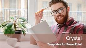  Presentation with book glasses - Presentation theme enhanced with picture of cheerful young student man wearing glasses sitting in cafe while reading book looking at camera background and a coral colored foreground