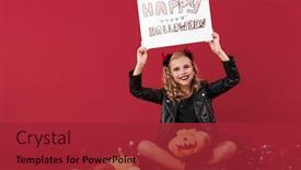  Presentation with devil - Cool new slide deck with picture of cheery pleased little girl devil in carnival halloween costume isolated over red wall background holding pumpkin and copyspace blank with halloween text backdrop and a red colored foreground