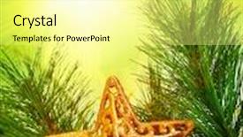  Presentation with green star - Beautiful presentation design featuring picture of christmastime decorative border branch of christmas tree decorated with golden star and ribbon green pine tree twig isolated on yellow sunlight background new year holiday greeting card backdrop and a blonde colored foreground