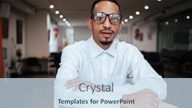  Presentation with coworking - PPT theme with picture of concentrated african businessman wearing glasses sitting at the table and looking at camera coworking background and a sky blue colored foreground