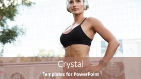  Presentation with standing strong - Audience pleasing slide set consisting of picture of concentrated strong young sports woman standing outdoors listening music with headphones looking aside backdrop and a coral colored foreground