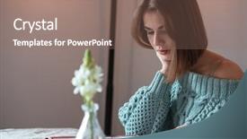  Presentation with reading table - Presentation consisting of picture of concentrated young lady sitting at the table in cafe and reading magazine look at magazine background and a coral colored foreground