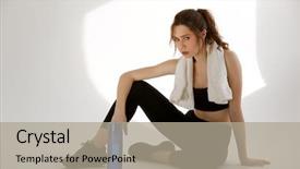  Presentation with water sports - Audience pleasing slide set consisting of picture of concentrated young serious sports woman sitting with bottle of water and towel over white background looking at camera backdrop and a mint green colored foreground
