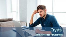  Presentation with laptop - PPT theme consisting of picture of confused young man background and a ocean colored foreground