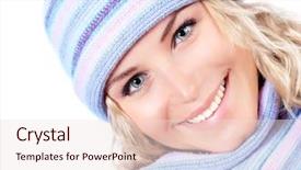  Presentation with girl christmas - Cool new presentation theme with picture of cute blond girl wearing blue hat and scarf closeup portrait of pretty woman dressed in warm cap isolated on white background wintertime fashion new year and christmas holiday concept backdrop and a lemonade colored foreground