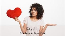  Presentation with american heart - Presentation design featuring picture of displeased american woman 20s with brown hair holding red heart shape pillow and expressing sadness isolated over white background background and a lemonade colored foreground