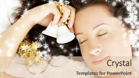  Presentation with girl christmas - Presentation theme featuring picture of dreaming girl with christmas bells surrounded by rendered snowflakes background and a lemonade colored foreground