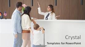  Presentation with hotel - Beautiful slide set featuring picture-of-family-checking backdrop and a light gray colored foreground