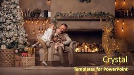  Presentation with silhouette of father and son - Presentation design featuring picture of father with his sons sitting in armchair by new year tree and fireplace background and a tawny brown colored foreground