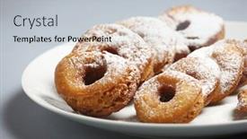  Presentation with powdered - Presentation theme featuring picture of fresh home-made doughnuts with powdered sugar on a white plate background and a light gray colored foreground