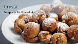  Presentation with powdered - Presentation enhanced with picture of fresh home-made ball doughnuts with powdered sugar on a white plate background and a light blue colored foreground
