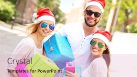 Presentation with santa - Presentation design featuring picture of group of friends in santa's hats sitting in the city with presents background and a lemonade colored foreground