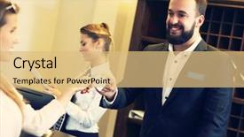  Presentation with hotel key - Slide set featuring picture of guests getting key background and a coral colored foreground