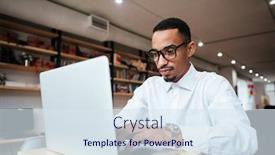  Presentation with coworking - Amazing slides having picture of handsome african businessman wearing glasses sitting at the table typing by laptop computer coworking backdrop and a sky blue colored foreground