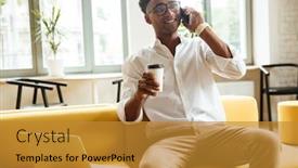  Presentation with coworking - PPT layouts featuring picture of handsome young african man sitting coworking by laptop computer looking aside talking by phone drinking coffee background and a gold colored foreground