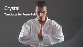  Presentation with hands down - PPT layouts having picture of handsome young sportsman dressed in kimono gesturing with hands over grey background looking down background and a dark gray colored foreground