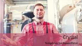  Presentation with steel industry man grinding - Cool new PPT layouts with picture of happy barista man backdrop and a  colored foreground